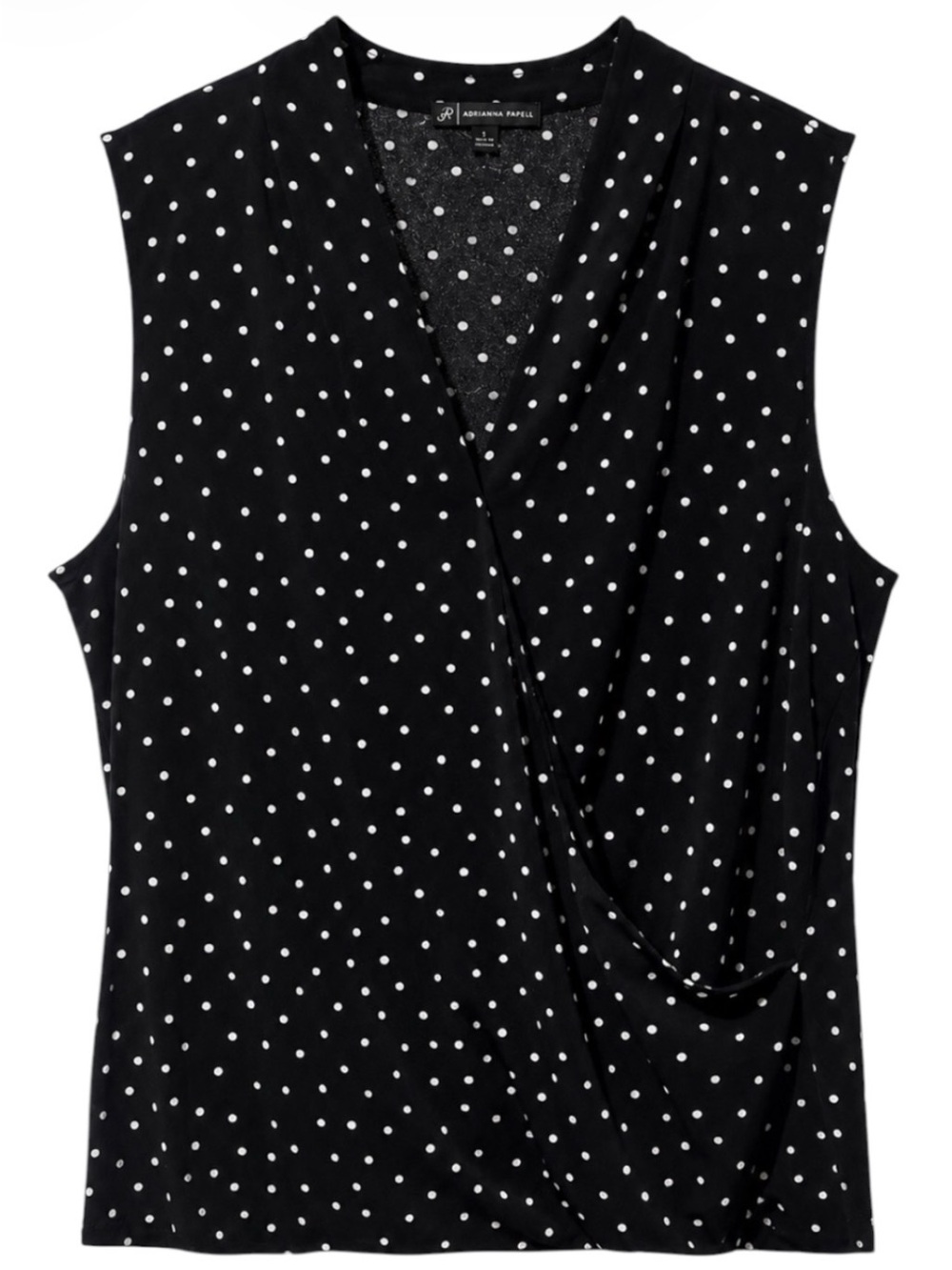Adrianna Papell Polka Dot Faux Wrap Sleeveless Blouse Black White L